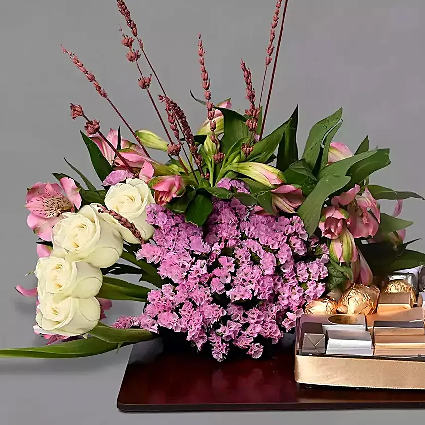 Chocolates And Mixed Flowers Tray