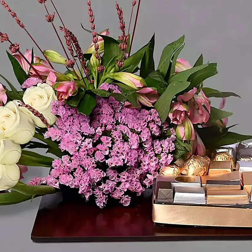 Chocolates And Mixed Flowers Tray