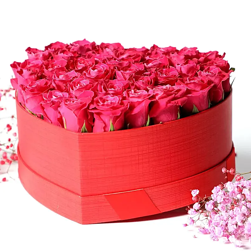 Dark Pink Roses in Heart Shape Box