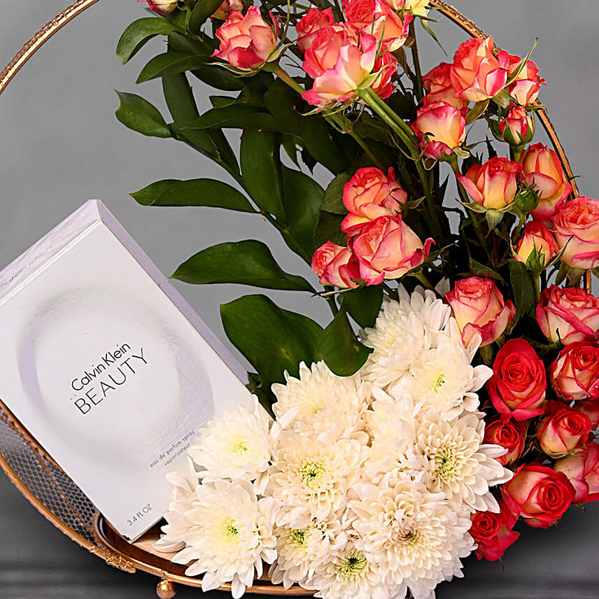 Mixed Flowers And Calvin Klein Perfume Metal Frame
