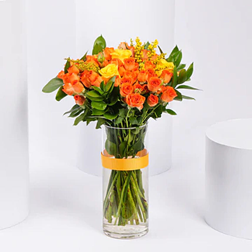 Orange and Yellow Rose Arrangement in a Vase