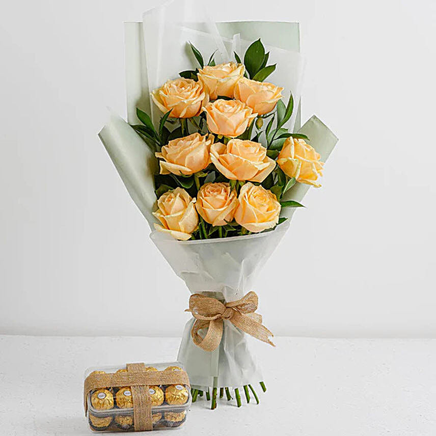 Peach Roses Bunch and Ferrero Rocher