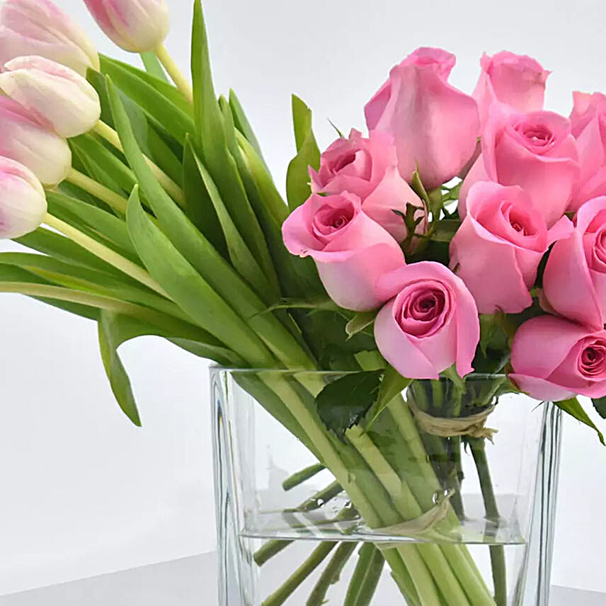 Roses And Pretty Tulips In Vase