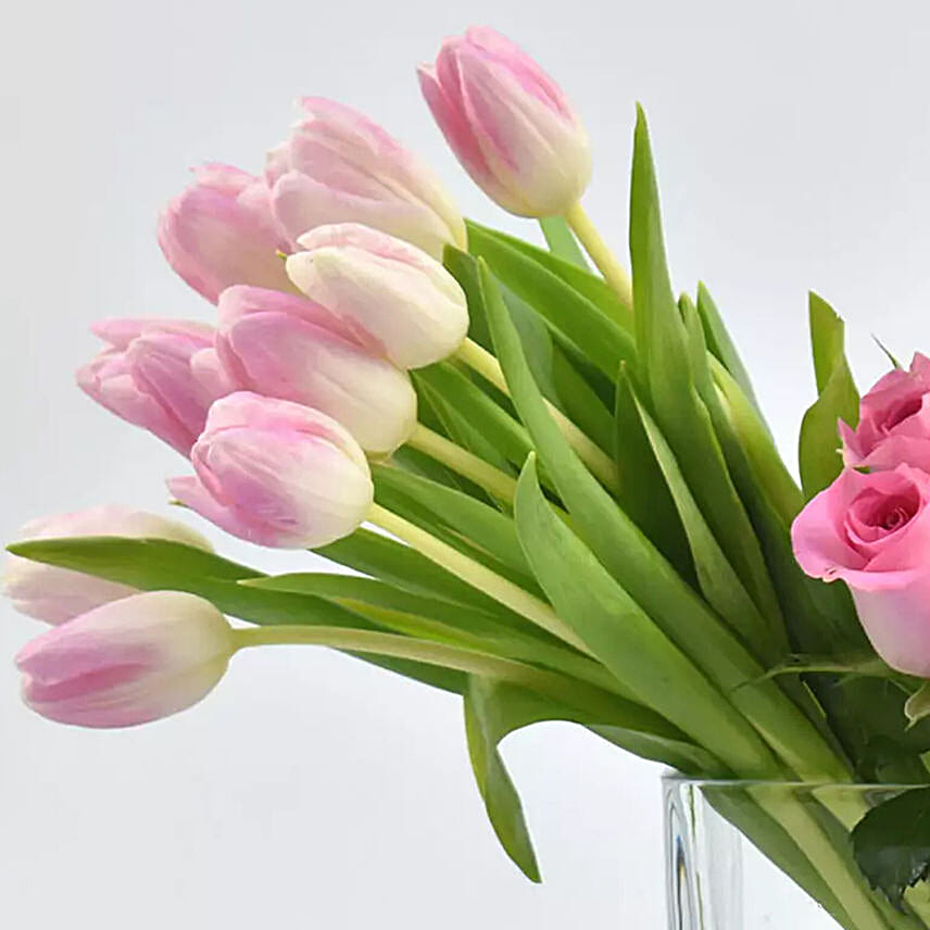Roses And Pretty Tulips In Vase