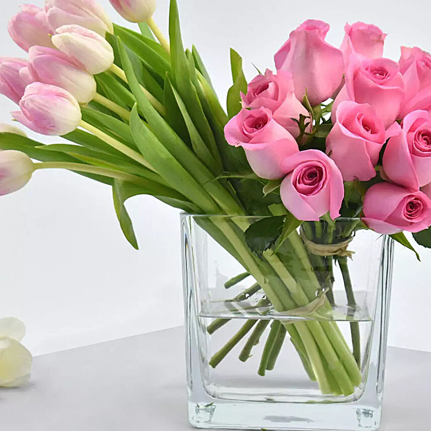 Roses And Pretty Tulips In Vase
