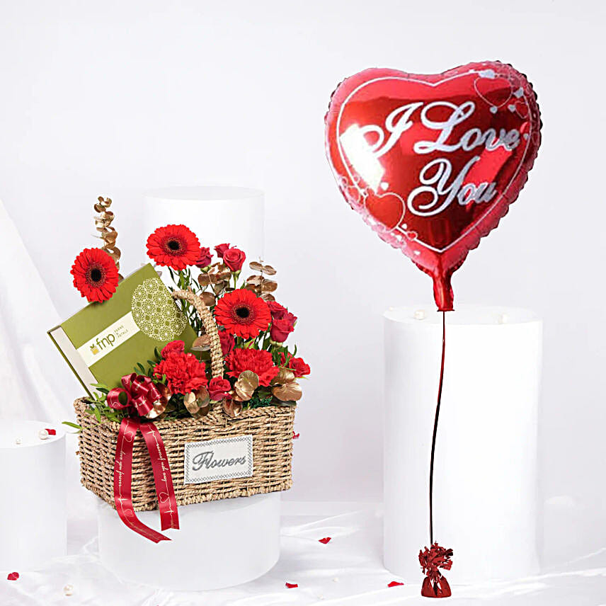 Valentine Combo  Flower Basket With Chocolate N Heart Shape Balloon
