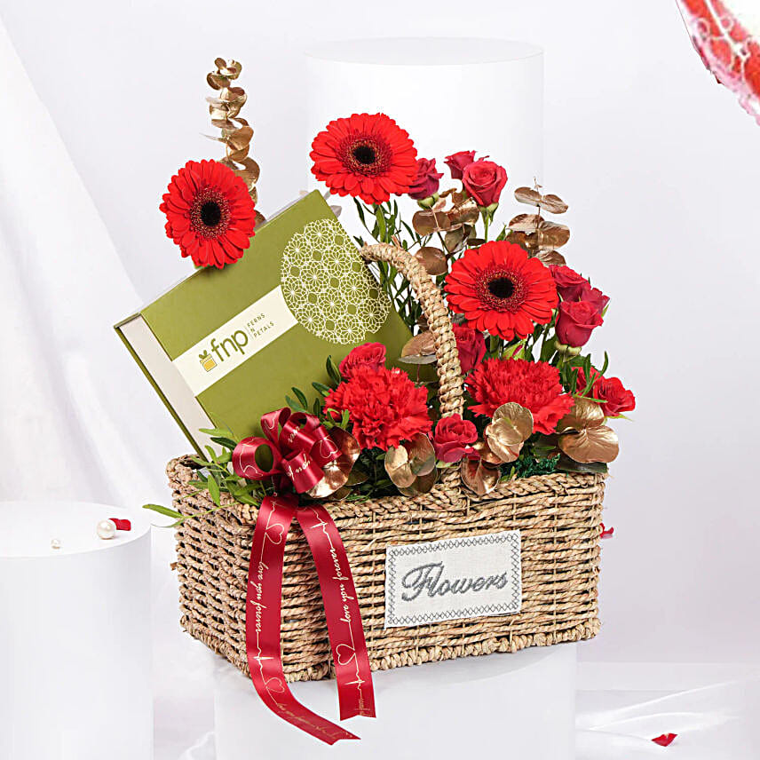 Valentine Combo  Flower Basket With Chocolate N Heart Shape Balloon