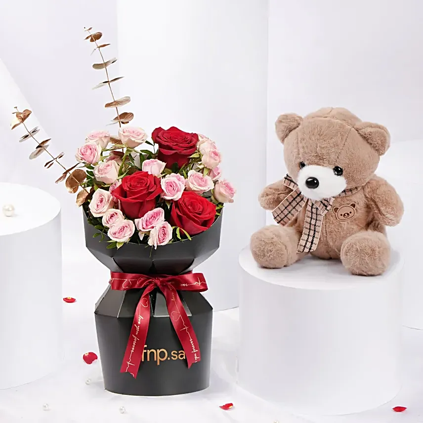 Valentine Combo  Spray Rose Bouquet N Teddy Bear