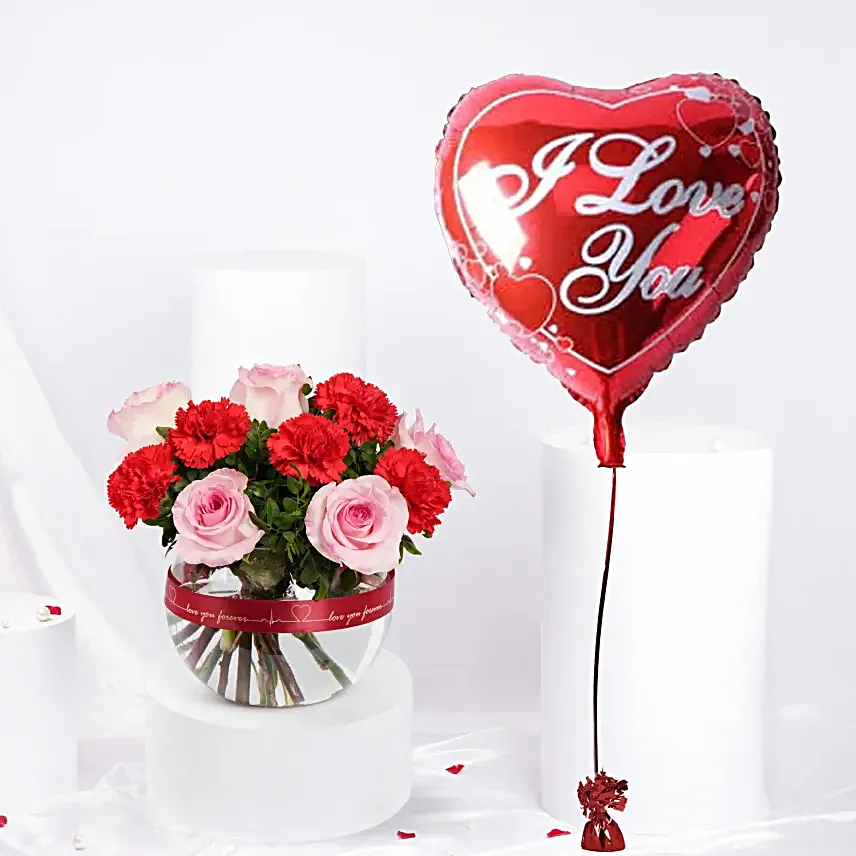 Valentine Flower Bowl N I Love You Balloon Combo