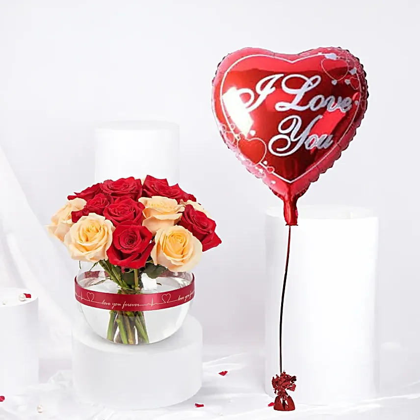 Valentine Rose Bowl N Heart Shape Balloon Combo