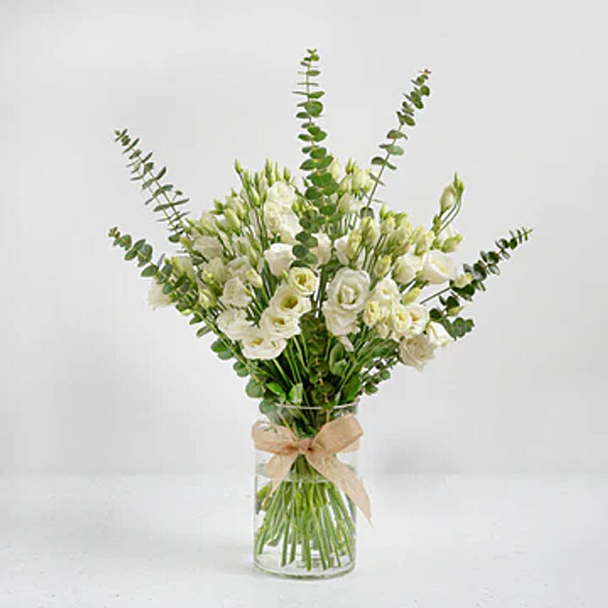 White Lisianthus Roses Bouquet with Eucalyptus in Glass Vase