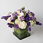 Fascinating White Roses Purple Flowers In Glass Vase