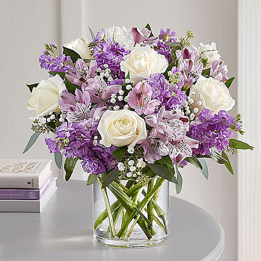Purple and White Floral Bunch In Glass Vase:Carnation Flower to Singapore