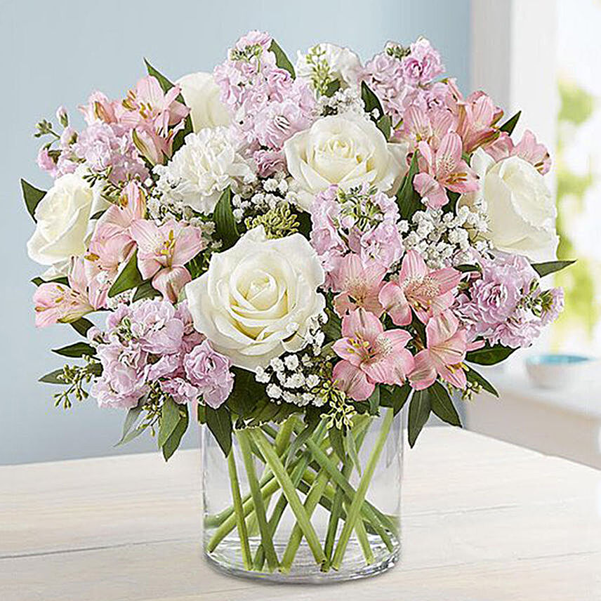 Pink and White Floral Bunch In Glass Vase:Send Carnation Flower to Singapore