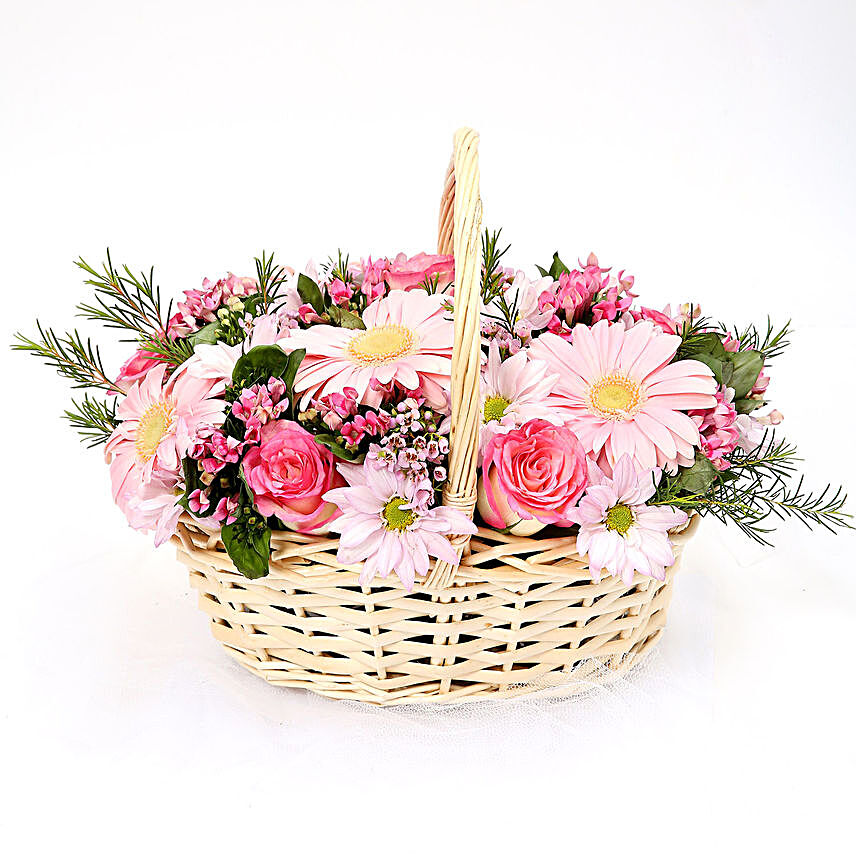Mixed Basket Of Chrysanthemums and Roses