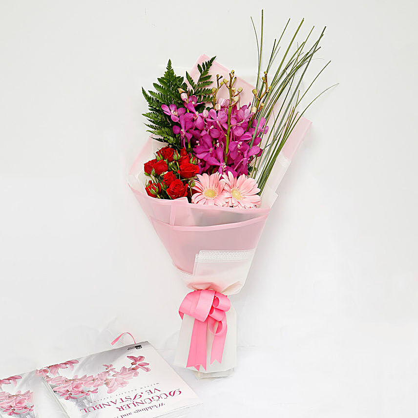 Beautiful Roses and Mokara Orchids Mixed Bouquet:Send Flower Bouquet to Singapore