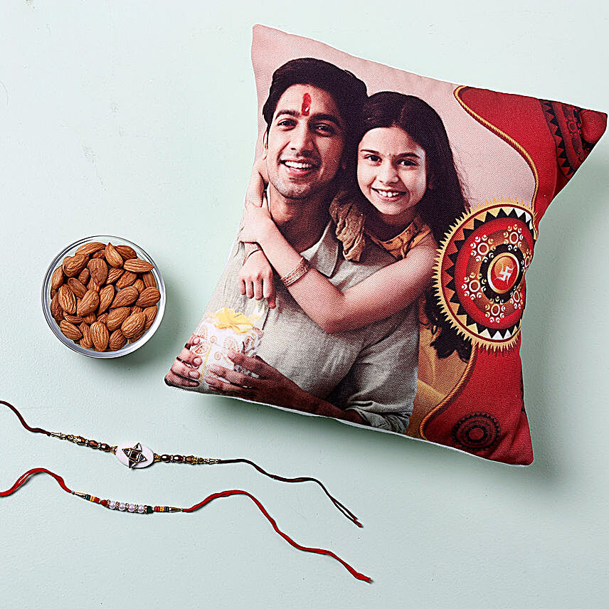 2 Rakhis With Cushion And Almonds