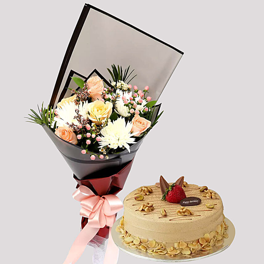 Delicate Rose Bouquet and Coffee Cake