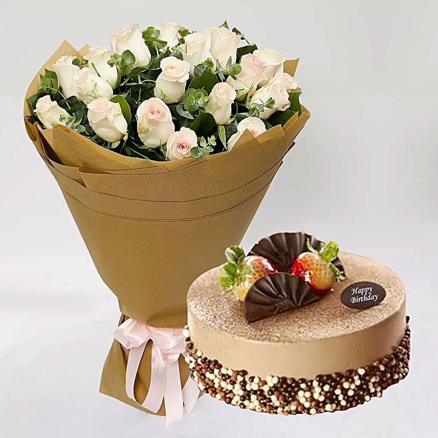 Mocha Cake and Peach Rose Bouquet:Gift Combos to Singapore