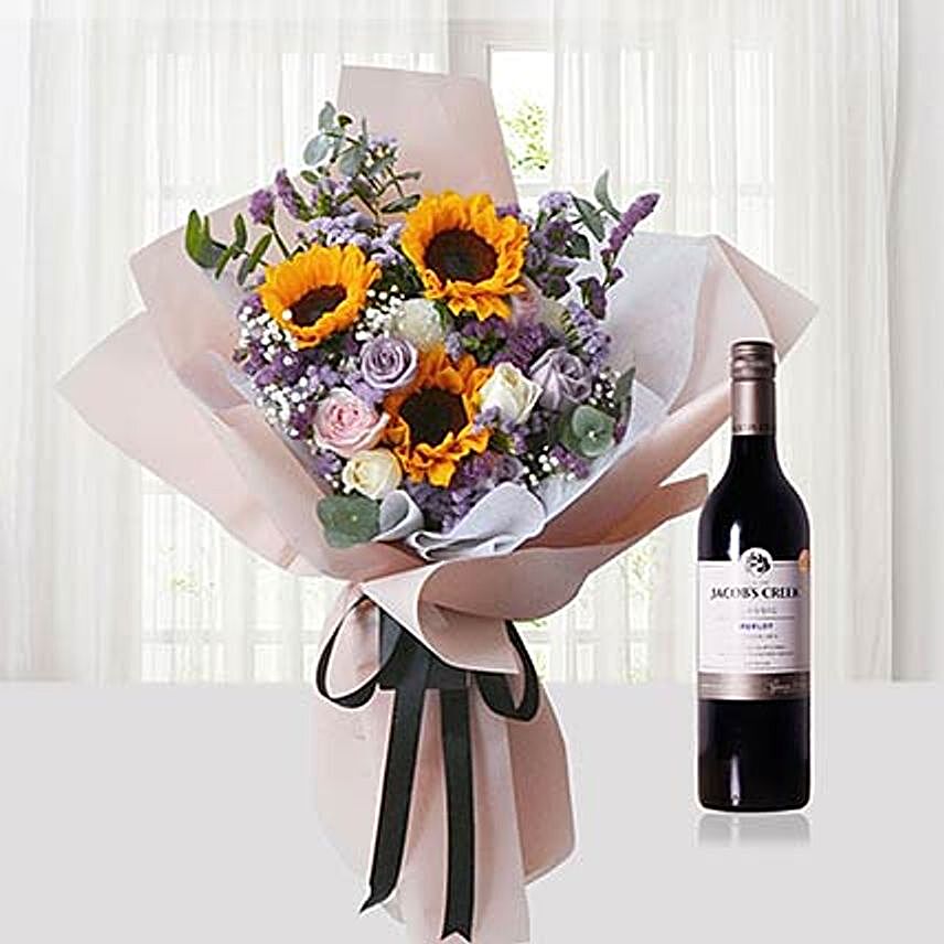 Mixed Flowers Bouquet N Wine Combo singapore | Gift Mixed Flowers Bouquet N Wine Combo- FNP