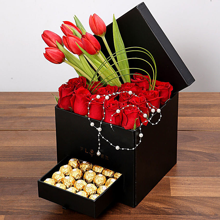 Stylish Box Of Red Flowers with Ferrero Chocolates:Flowers and Cake Delivery in Singapore