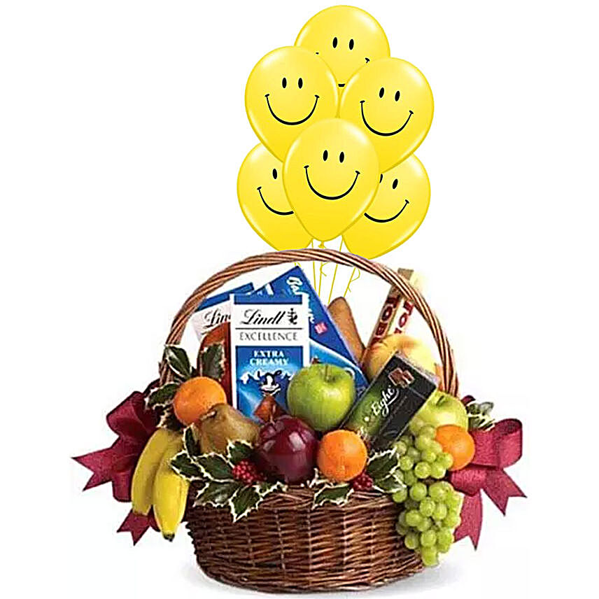 Fruitful Hamper With Smiley Balloons:get-well-soon