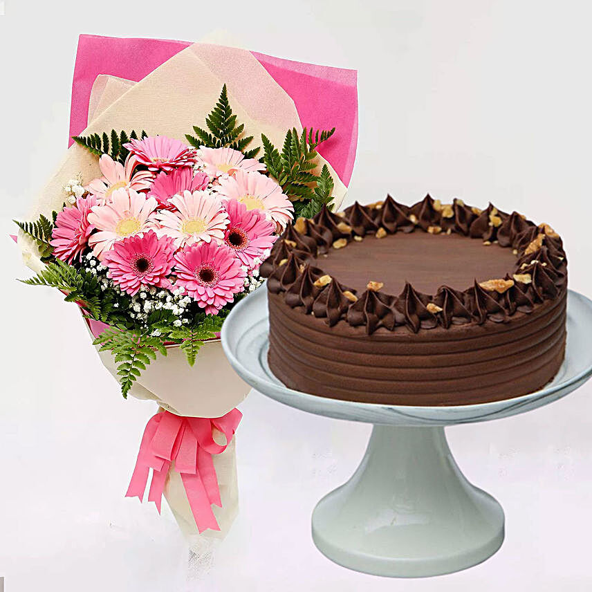 Chocolate Brownie Cake & Pink Gerbera Bouquet