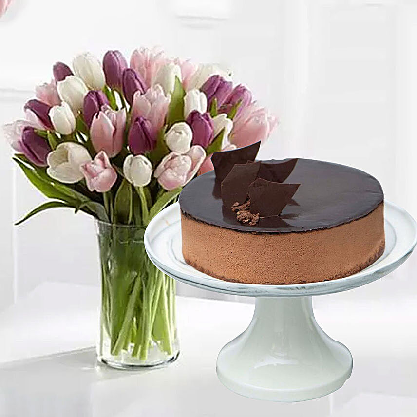 Divine Chocolate Cake & Soft Coloured Tulips