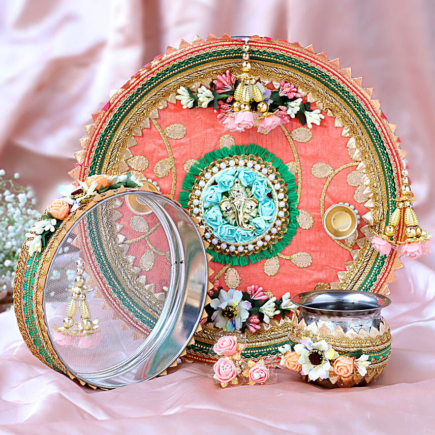 Pretty Peach Pooja Thali Set:Karwa Chauth Gifts Singapore