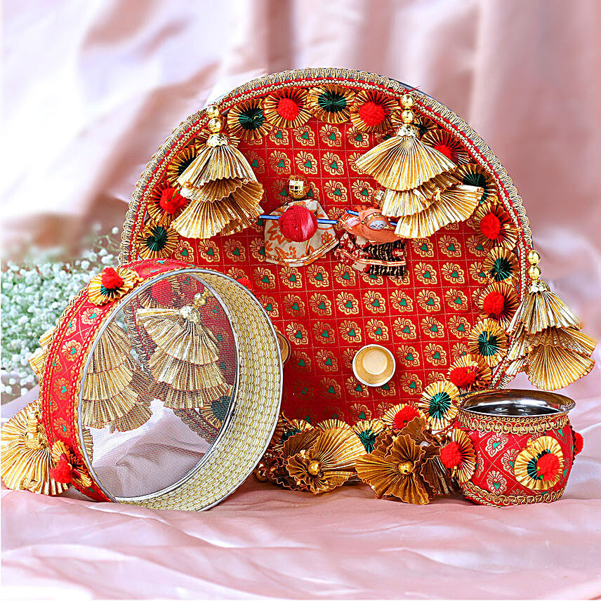 Designer Puppet Karwa Pooja Thali Set:Send Karwa Chauth Gifts to Singapore