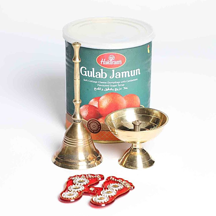 Laxmi Charan With Brass Items and Sweets