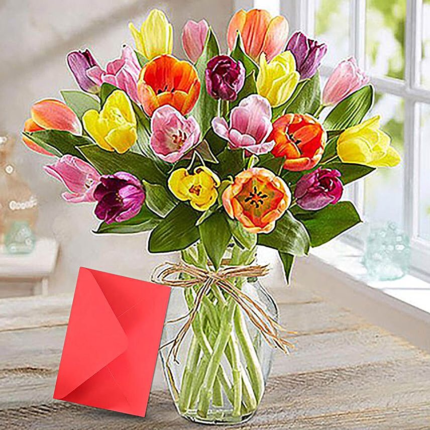 Mixed Tulip Vase With Greeting Card:Tulips