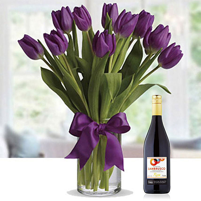 10 Sweet Tulips In Glass Vase With Tesco Red Wine
