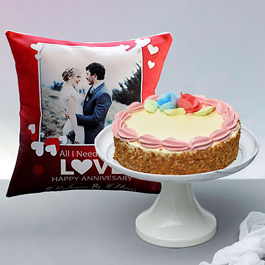 Cheese Cake With Personalised Anniversay Cushion:Cushion to Singapore