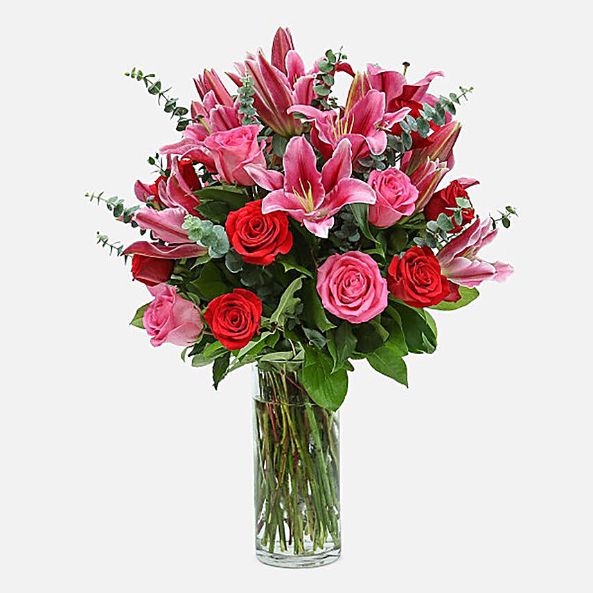 Mixed Roses Stargazer Lilies In Glass Vase Arrangement:Lilies in Singapore