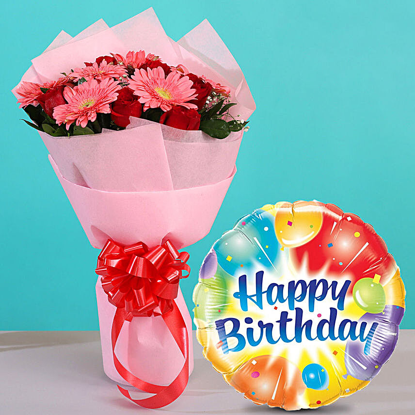 6 Pink Gerberas 6 Red Roses Bouquet with Birthday Balloon