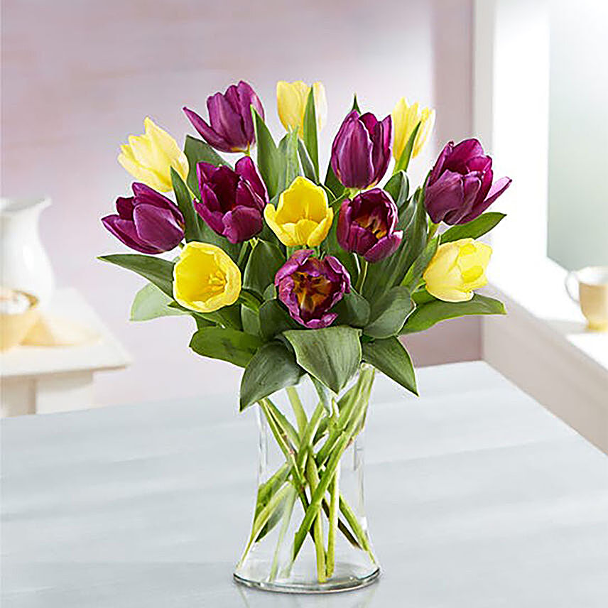 Blissful Mixed Tulips Glass Vase Arrangement:Mid Autumn Gifts