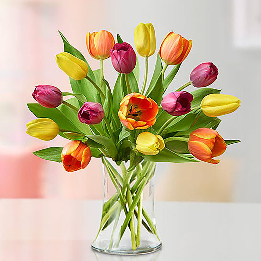 Heavenly 12 Multicoloured Tulips Vase