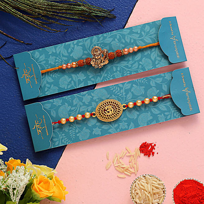 Mahi Om, Ganesha & Hanuman Rakhi Combo | Crystal & Rudraksha Rakhis For Brother | Rakshabandhan Gift