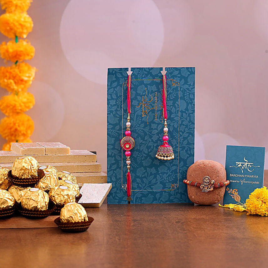 Pink Lumba Rakhi Set & Rudraksha Rakhi With Chocolate
