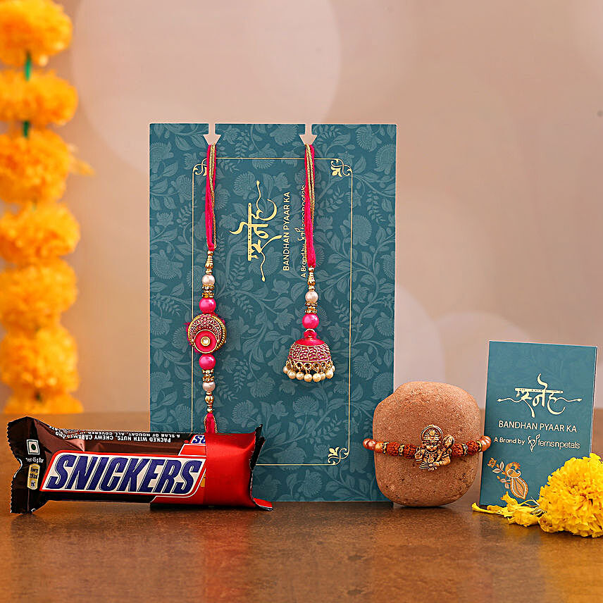 Pink Lumba Rakhi Set & Rudraksha Rakhi With Snickers