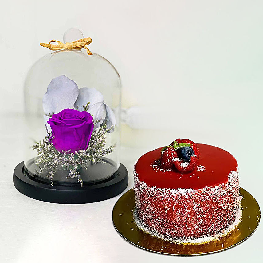 Gorgeous Forever Purple Rose In Glass Dome Purple With Mini Cheese Cake
