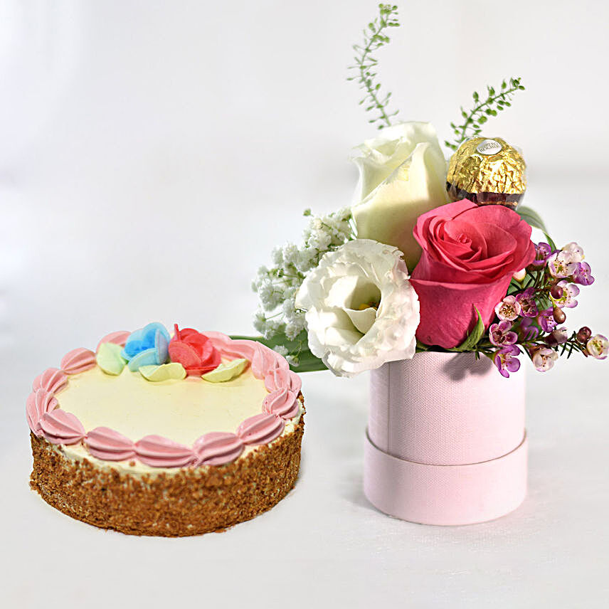 Pink Roses Box With Mini Cheese Cake:Gifts to Singapore Same Day Delivery