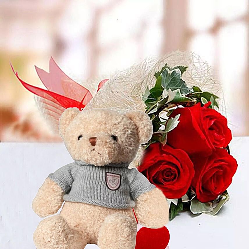 Red Roses And Brown Teddy Combo