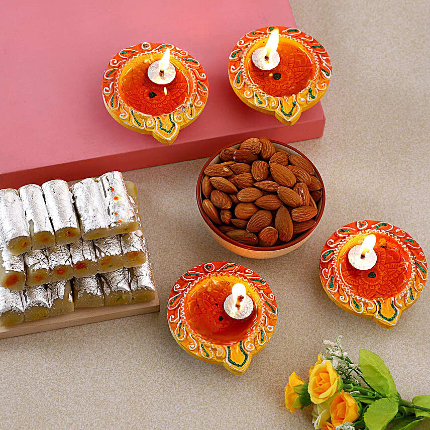 Designer Diwali Diyas With Almonds And Kaju Roll