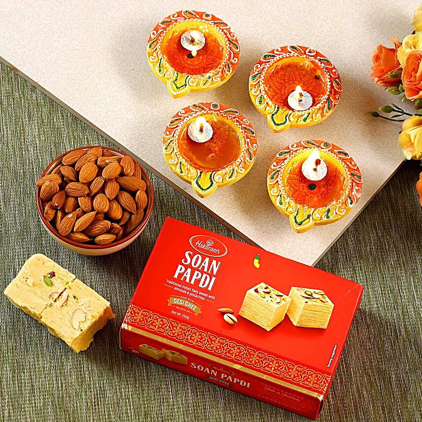 Designer Diwali Diyas With Almonds And Soan Papdi:Diwali Gift Delivery in Singapore