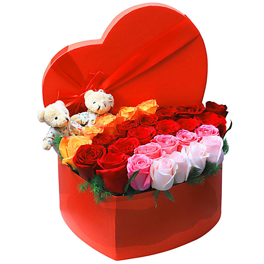 Colorful Roses In a Heart Shape Red Box:Send Valentines Day Flowers to Singapore