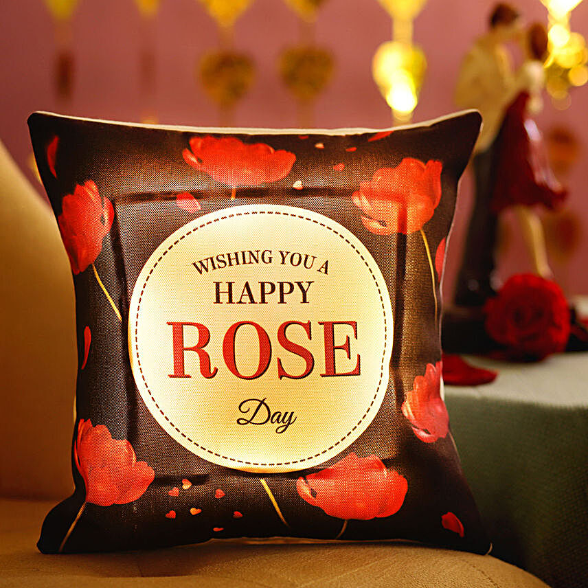 Happy Rose Day Greetings Printed Led Cushion