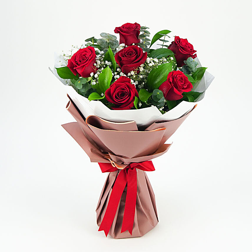 Bunch Of Beautiful 6 Red Rose:Send Kiss Day Gifts to Singapore