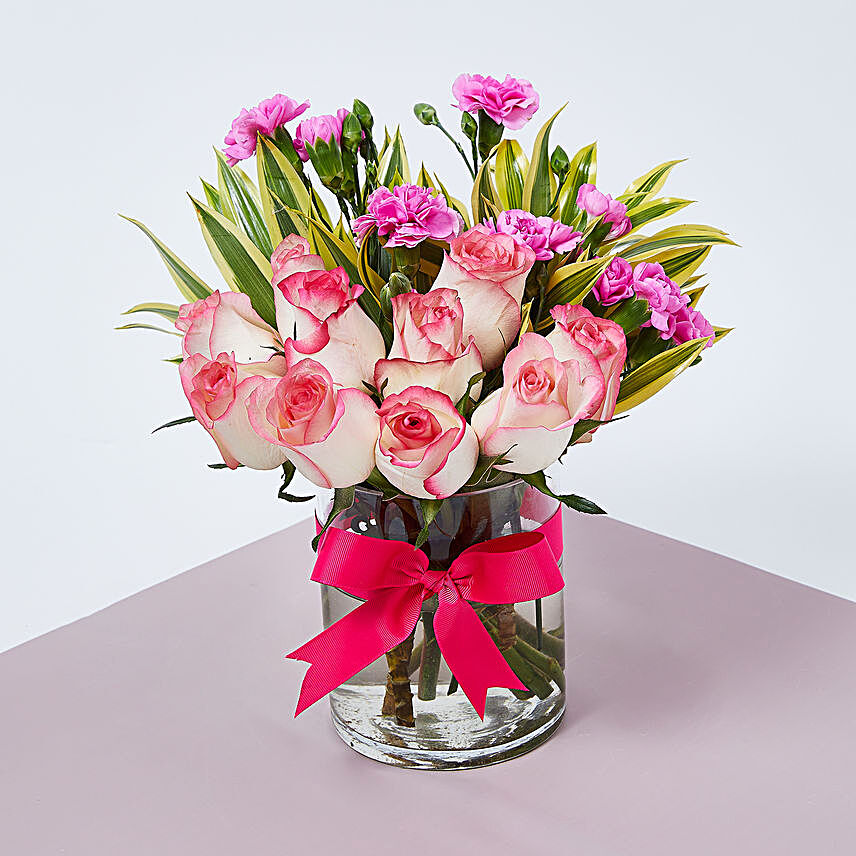 Dual Shade Roses And Carnations In Vase:Flower Delivery Singapore